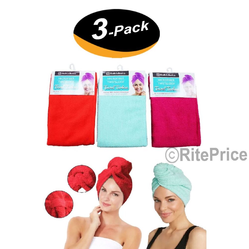 Turban Towels Twist Hair Quick Dry Microfiber Bath Hair Wrap Cap Hat Asst.(3 PK)